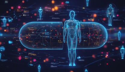 Futuristic medical illustration with digital elements including pills and human anatomy