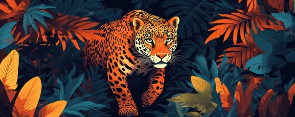 Majestic jaguar prowling through lush jungle foliage in vibrant illustration showcasing nature's beauty and wildlife