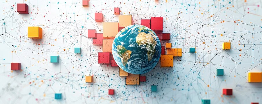 Digital illustration of Earth surrounded by abstract, colorful circuitry representing global connectivity and technology
