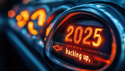 Close-up of a futuristic speedometer indicating 2025 in bright orange lights, with a focus on the concept of speed and technological advancement