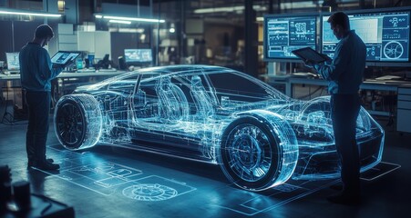 Holographic visualization of an electric car design with a professional engineer using a laptop in a modern high-tech environment