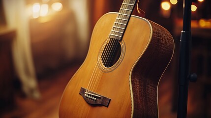Fototapeta premium A stunning acoustic guitar with a stand that displays its sophisticated design and flawless finish, ideal for musicians of all skill levels who want to produce catchy music.