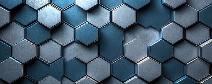 Abstract vertical AI illustration featuring a futuristic hexagonal pattern with a metallic and glowing blue design