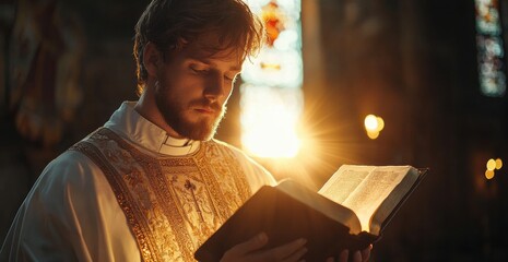 Young priest holds an open Bible in his hands, bathed in ethereal light within a sacred church setting