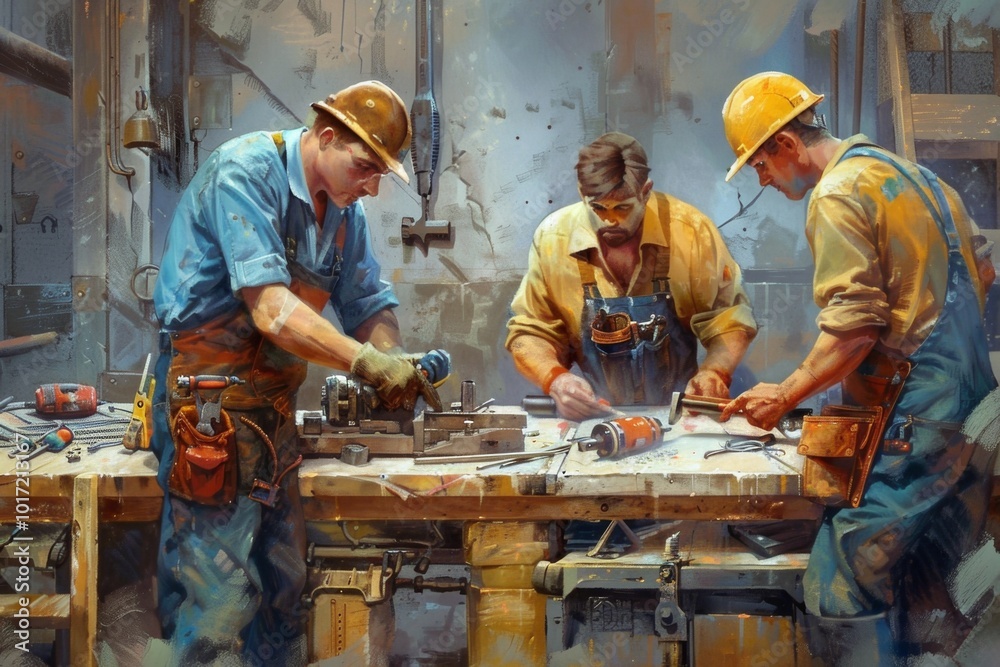 Aufkleber A team of skilled workers collaborates at a construction site, focused on repair tasks using various tools and materials. Generative AI