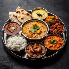 Traditional Indian thali with a variety of dishes, beautifully arranged under bright studio lighting, highlighting the rich colors and textures of the food.