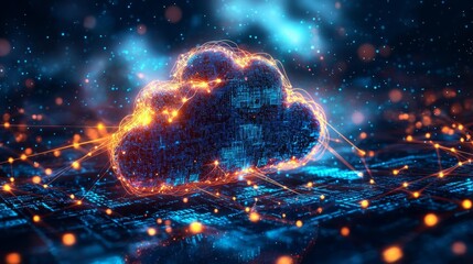 Fototapeta premium Big Data Analytics Visualizing Abstract depiction of a data cloud, glowing nodes and radiant threads showing analytics, no face, high contrast, digital painting