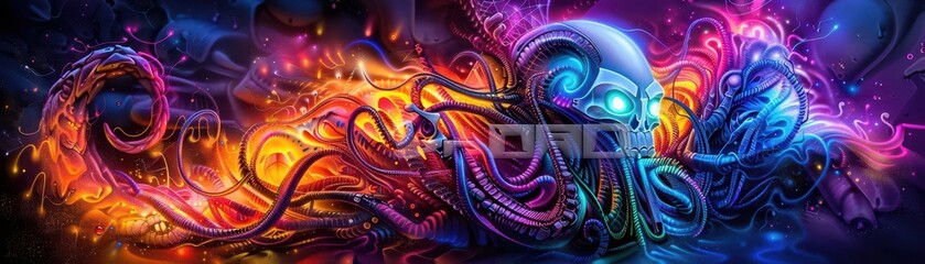 Fototapeta premium AI robots painting a futuristic mural, street art, cyberpunk, vibrant colors, highly detailed, creative