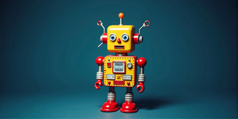 illustrative depiction of a small freestanding colorful toy robot against a colorful background, robots doing the work of humans