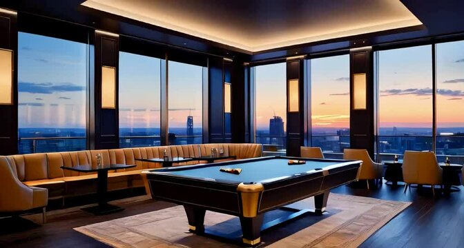 an upscale lounge area with a large pool table, luxury seating, and floor-to-ceiling windows overlooking a sunset cityscape.
