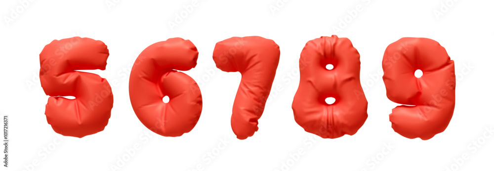 Aufkleber Collection of Inflated balloons numbers from 5 to 9 isolated on a white background. Realistic 3d design. Set of numbers made of rumpled latex material red soft colors. Vector illustration