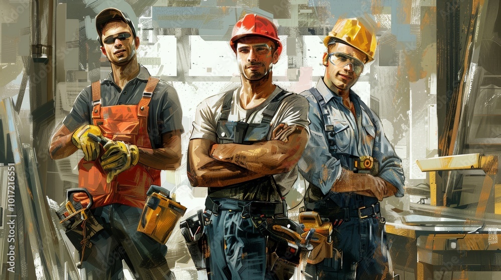 Aufkleber A repair team stands confidently with tools and materials, ready to begin construction tasks in a well-lit workshop area. Generative AI