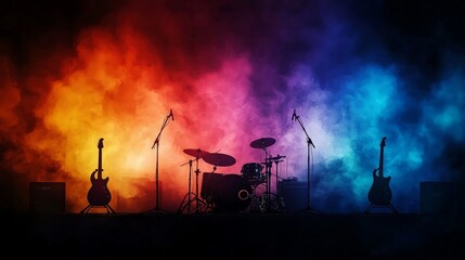 A rock concert stage with silhouettes of instruments against a backdrop of swirling colorful lights, setting a high-energy mood with room for copy space