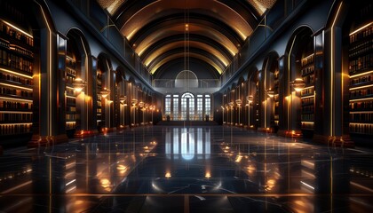 Naklejka premium Futuristic library with AI-assisted book retrieval, education, digital art, warm tones, detailed, high-tech knowledge