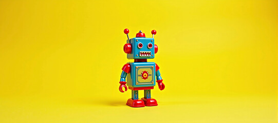 Obraz premium illustrative depiction of a small freestanding colorful toy robot against a colorful background, robots doing the work of humans