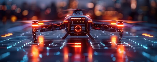 Futuristic medical drone delivering supplies, sci-fi, digital art, neon lights, highly detailed, high-tech logistics