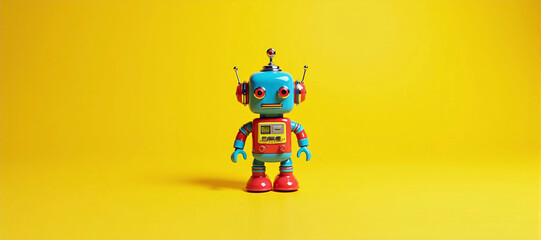 Fototapeta premium illustrative depiction of a small freestanding colorful toy robot against a colorful background, robots doing the work of humans