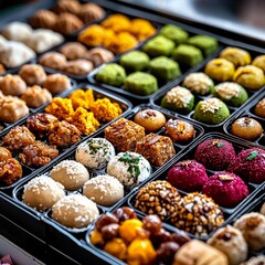 Fototapeta premium A tray of assorted Indian sweets (mithai) including laddus and jalebis, brightly lit to showcase their vibrant colors and textures.