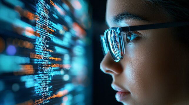 A woman in glasses intently reading HTML scripts on her computer screen, surrounded by holograms of data, coding, and cyber security visuals, highlighting programming and data analytics - Powered by Adobe