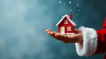 Santa Claus' hand holding a toy house in the palm of his hand