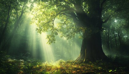 Obraz premium Sunbeams shine through the leaves of a large tree in a misty forest.