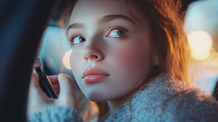 Teen checks makeup in vehicle