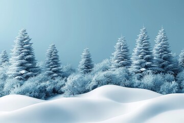 Fototapeta premium Minimalistic christmas forest poster featuring snowy trees and 3d rendered nature on blue background