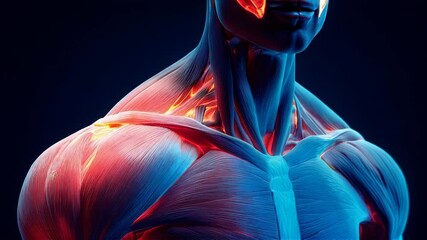 a striking 3D illustration showing shoulder muscle pain on a male figure with highlighted areas to denote discomfort or injury
