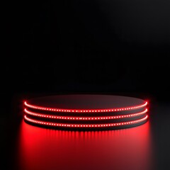 Podium 3D vector illustration of a round, metallic red box with a blank, circular button in the center, isolated against a black background with red spotlights