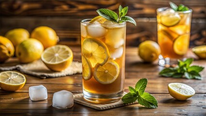 Iced lemon tea with fresh mint and lemons on wooden table