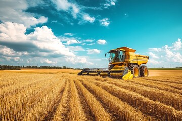 Obraz premium Yellow Combine Harvester Working in a Field of Wheat