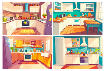 Fototapeta premium kitchens cartoon background. colorful kitchen interior set, home cooking utensils appliances oven household domestic room vector illustration