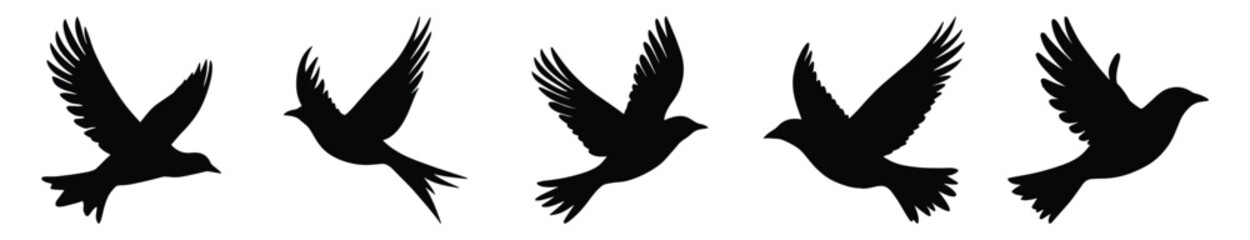 Bird silhouettes set, flying pack of vector silhouette design, isolated background.