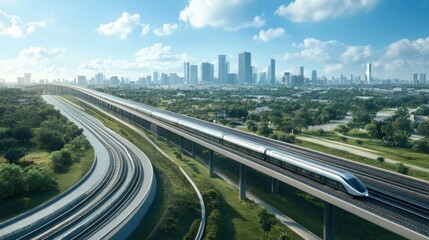 Fototapeta premium Modern High-Speed Train Gliding Through a Futuristic Cityscape Surrounded by Nature