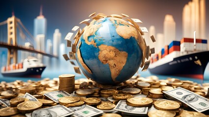 A globe surrounded by money sits atop a pile of coins, with a cargo ship and a cityscape in the background.