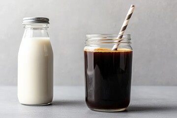 A minimalist cold brew coffee setup with a glass jar filled with dark coffee concentrate, next to a reusable straw and a bottle of milk