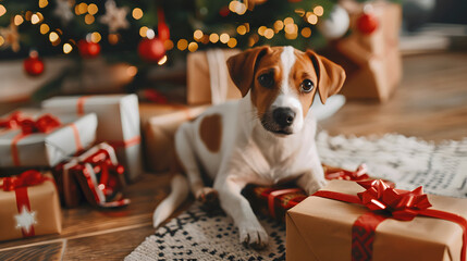 Jack Russell Terrier dog near gift boxes on Christmas at home