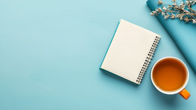 A morning routine layout featuring a gratitude journal, a cup of herbal tea, and yoga mat, designed to show happiness hacking through intentional self-care