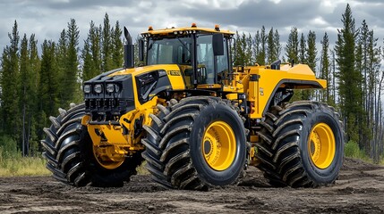 Obraz premium Yellow Farm Tractor With Large Tires in a Forest Setting