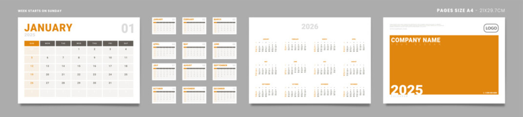 Set of 2025 Pages Monthly Calendar Planner Templates, Cover with Place for Photo, Company Logo, Annual 2026. Vector pages size A4 -21x29.7cm for wall or desk calendar with 2 weekend Week start Sunday