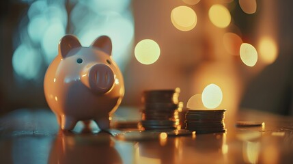 Piggy bank with golden coins on blurred background. Money saving and deposit investment to get profit and dividend. Financial concept of savings, rich, and wealth