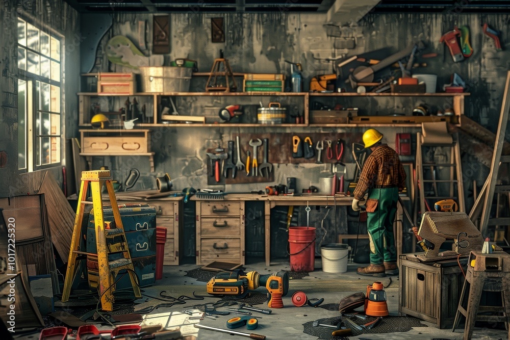 Aufkleber a repair team is busy at work using various tools and materials to complete their tasks in an active