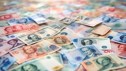 Fototapeta premium A scattered collection of various banknotes from around the world.