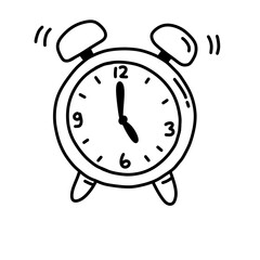 Hand drawn alarm clock doodle icon. Hand drawn black sketch. Sign symbol. Decoration element. White background. Isolated. Flat design. Vector cartoon illustration