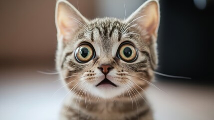 Obraz premium surprised cat make big eyes. American shorthair surprised cat or kitten funny face big eyes, cute, domestic, kitten, feline, Emotional surprised, kitty, wow.