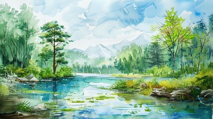 Watercolor Landscape with Mountains, Forest, and River