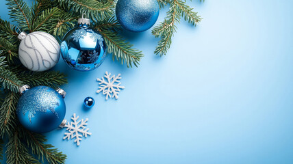 A festive Christmas blue background with silver, blue ornaments, and free copy space for text