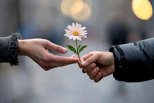 A person practicing random acts of kindness, handing a flower to a stranger, hacking happiness by spreading joy to others