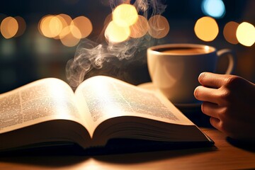 Naklejka premium A person reading a classic novel in a quiet cafe, with a cup of coffee steaming next to the open book and warm, ambient lighting in the background