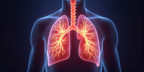 Illustration of a color-highlighted lung in a transparent human torso, lungs and respiratory diseases